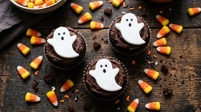 Spooky halloween chocolate cupcakes with ghost toppers and candy corn festive treats