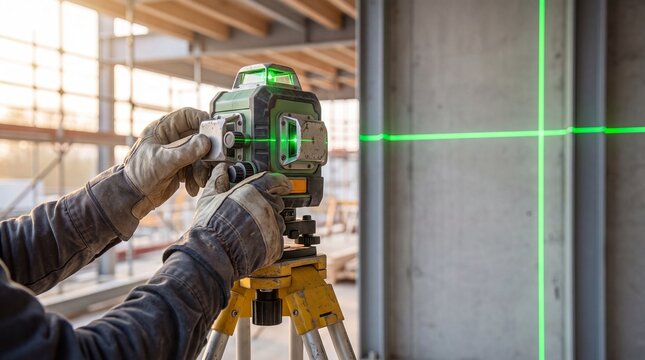 Laser level casts a bright green crosshair onto a concrete wall as a technician makes precise measurements for structural alignment at an active construction site during the golden hour of the.