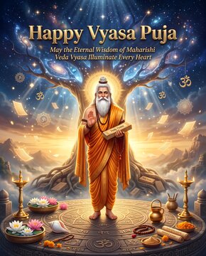 Spiritual vyasa puja celebration featuring sage wisdom with surrounded ritual offerings
