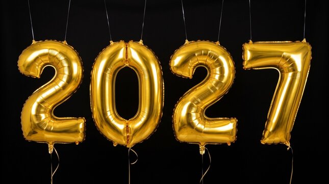 Golden foil balloons spelling out the year two thousand twenty seven on black background with balloons numbers forming displays shiny gold year 2027