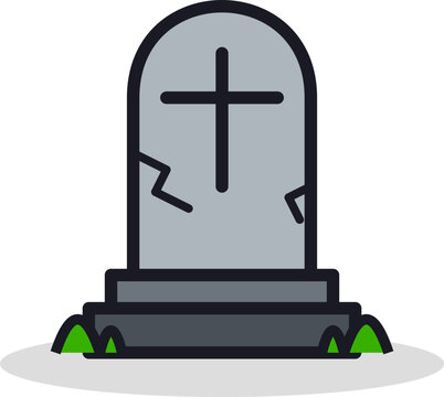 A creepy flat design tombstone icon with a cross and cracks for Halloween cemetery themes.