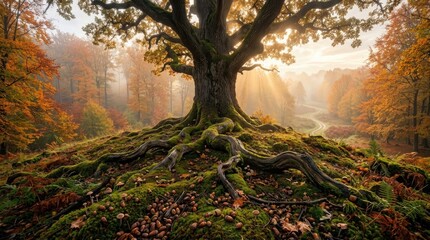 Fototapeta premium Enchanted halloween forest majestic oak tree with autumn foliage and mystical sunlight