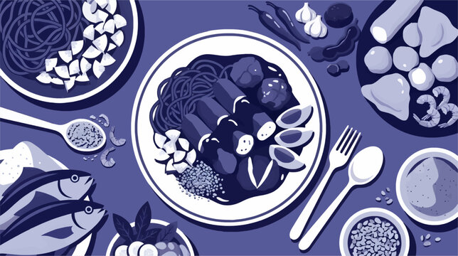 Flat Vector Illustration of Pempek Palembang Culinary Ingredients and Dishes in a Flat Lay Composition, Featuring Fish, Shrimp, Noodles, and Spices
