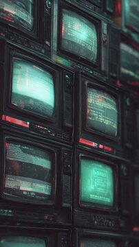 Retro Television Monitor Wall With Electronic Noise And Cyberpunk Screen Distortion