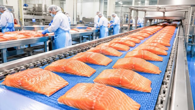 Salmon Processing Line Rows of perfectly cut salmon fillets glide along a conveyor belt in a clean, modern food processing facility, overseen by workers in hygienic attire.