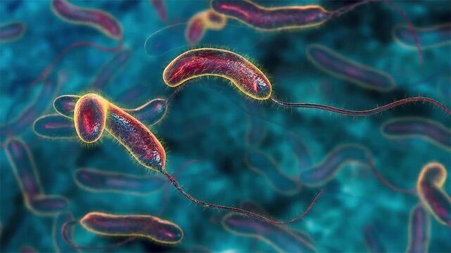 Vibrio cholerae bacterium, 3D animation showing curved comma-shaped Gram-negative cell with single polar flagellum.