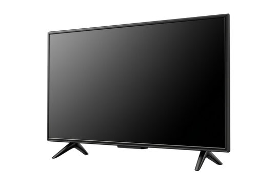 Modern black television with stand on transparent background for home or office