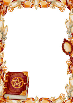 Watercolor Amber Crystal, Vintage Key and Mirror Frame, Mystical Magic Border, iPad Digital Art