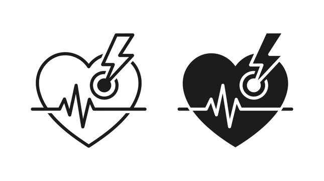 Heart attack icons featuring a stylized cardiac symbol with a lightning bolt and a pulse line showing medical emergency conditions in black and white graphic style.