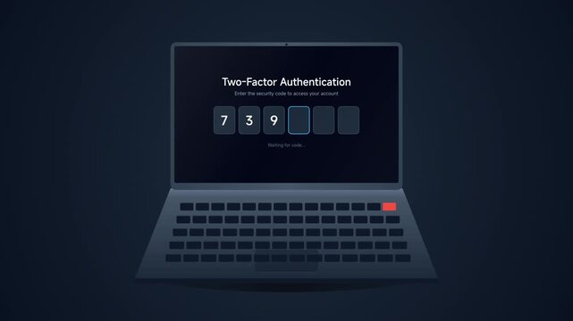 Laptop screen displays two-factor authentication process on dark background with keyboard