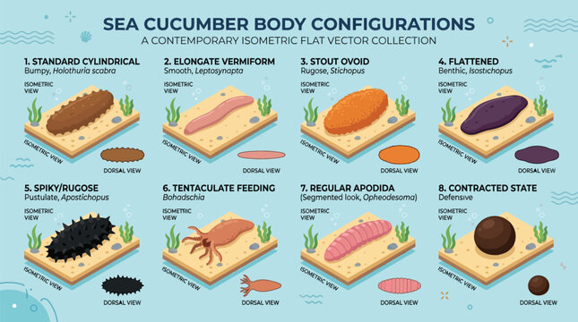 Sea cucumber body configurations in a contemporary isometric flat vector collection showing various species types