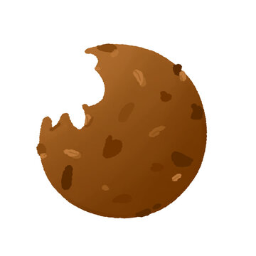 2D vector illustration drawing of a chocolate chip cookie with a bite mark