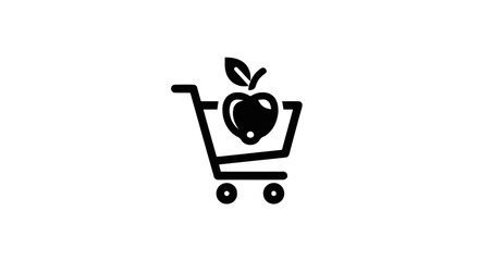 Minimalist black and white icon of a shopping cart containing a healthy apple for grocery shopping © anime