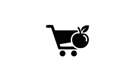 Black shopping cart icon with an apple representing grocery delivery and healthy food shopping, EDITORIAL USE ONLY © anime