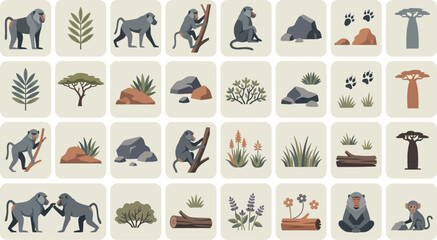 Fototapeta premium Set of African savanna wildlife icons featuring baboons, baobab trees, rocky outcrops, and native vegetation