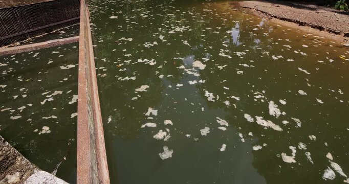 Patches of white foam drift on the surface of a small dam reservoir, showing natural river pollution being filtered before supplying a small hydroelectric power station.