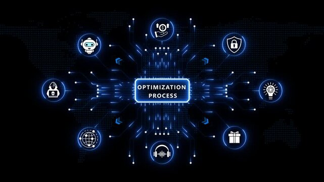 Optimization process dashboard showcasing intelligent digital transformation systems, connected enterprise workflows, automated performance analytics and futuristic operational management