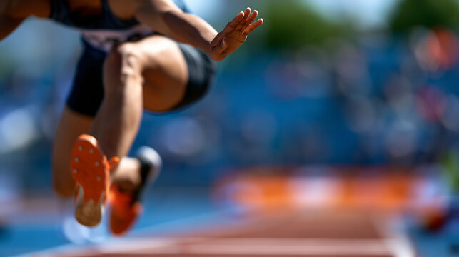 Faceless long jumper in mid-flight during a competitive jump, arms and legs extended in flight position, defocused track and field in background, long jump flight concept