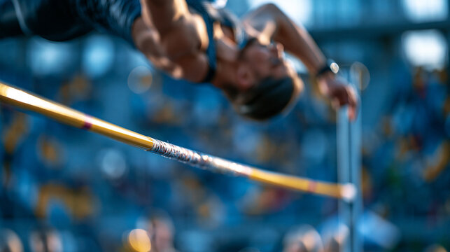 Faceless pole vaulter at the peak of their jump, body inverted above the bar with the pole flexed below, defocused track stadium in background, pole vault peak concept
