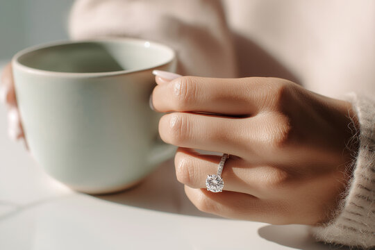 A woman's hand wearing an engagement ring holds a ceramic mug in soft natural light. Intimate moment of love, commitment, morning ritual, self-care, minimal lifestyle and jewelry detail.