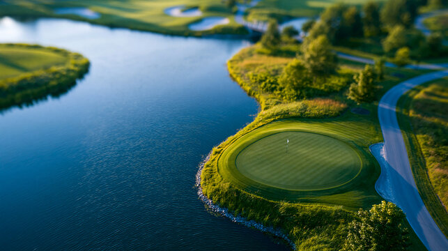 Aerial drone view of a challenging par-three hole with a water feature surrounding the green, dramatic golf course architecture, defocused course in background, par three aerial