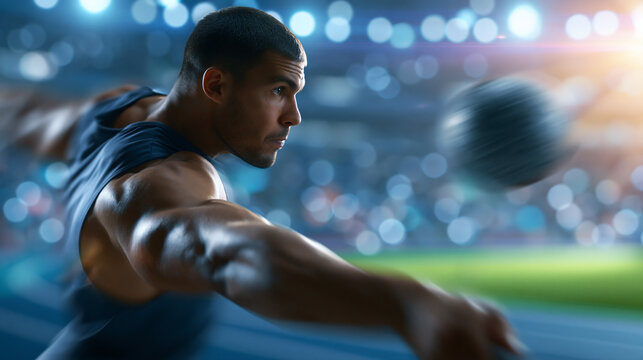 Faceless hammer thrower releasing at peak rotation, powerful rotational athletic movement, defocused stadium field in background, hammer throw release concept photography, with