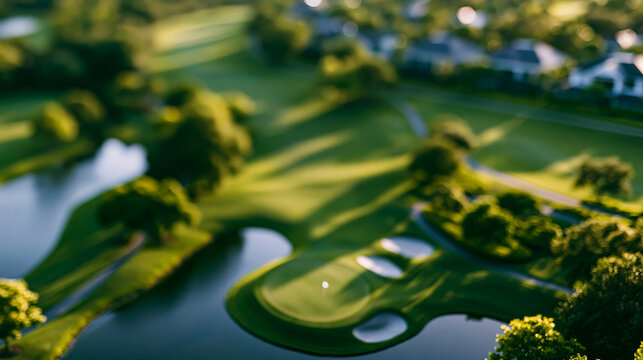 Aerial drone view of a challenging par-three hole with a water feature surrounding the green, dramatic golf course architecture, defocused course in background, par three aerial
