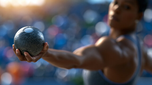 Faceless hammer thrower releasing at peak rotation, powerful rotational athletic movement, defocused stadium field in background, hammer throw release concept photography, with