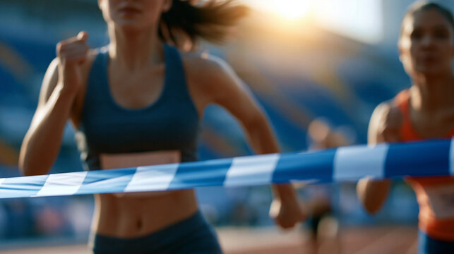 Faceless female sprinter driving through the finish line tape in a stadium race, victory expression and speed concept, defocused stadium in background, female sprint finish