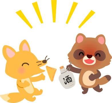 宴会をするタヌキとキツネのキャラクター