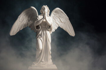 Fototapeta premium A marble angel statue stands with hands clasped in prayer beneath a moody sky. Spiritual guardian of faith, devotion, hope, protection, memorial, serenity and religious art. Funeral, burial.