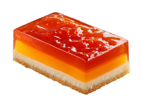 Layered jelly cake with glossy red and orange gelatin over soft sponge cake, isolated on a white background.