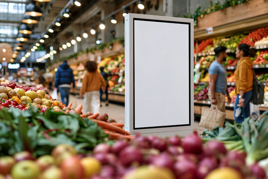A freestanding digital billboard sits in a supermarket produce aisle as shoppers browse fresh fruit. Retail advertising, grocery, fresh produce, healthy food, market, community, commerce.