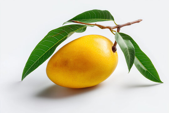 Ripe yellow mango with stem and green leaves on a white background. Fresh tropical fruit, healthy eating, summer produce, organic, natural, food photography.