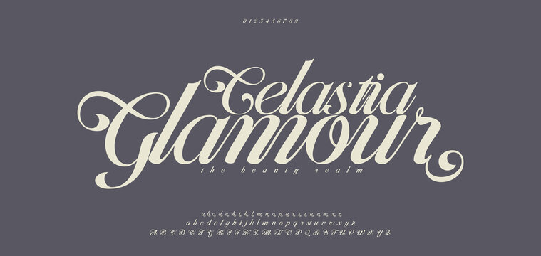 Celastia Glamour, Luxury wedding alphabet letters font with tails. Typography elegant classic serif fonts and number decorative vintage retro concept for logo branding. vector illustration