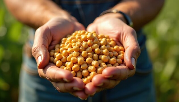 Farmer holds handful of fresh golden chickpeas in field. Person shows raw legume harvest during sunny day on farm. Agricultural worker demonstrates organic produce quality. Healthy plant protein food