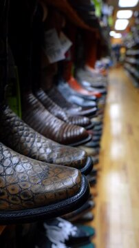 Patterned leather cowboy boots line Chicago store shelves. Close focus shows brown embossed footwear in front with additional pairs blurred along wooden shelving.