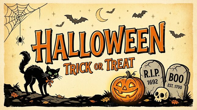 Vintage halloween illustration black cat pumpkin tombstones 'trick or treat' design