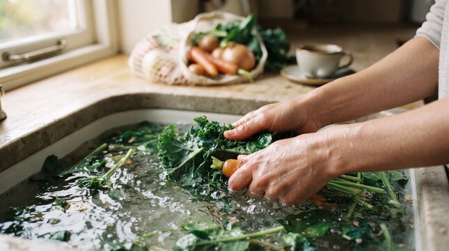 Woman preparing healthy vegetarian food by washing fresh green leaves and vegetables in kitchen sink at home. Washing vegetables for a vegan dinner at home