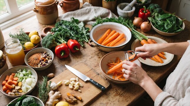 Woman hands peeling fresh organic carrots on rustic wooden table for healthy vegan soup preparation. Atmospheric photo of fresh vegetables prep process for organic food store marketing campaign