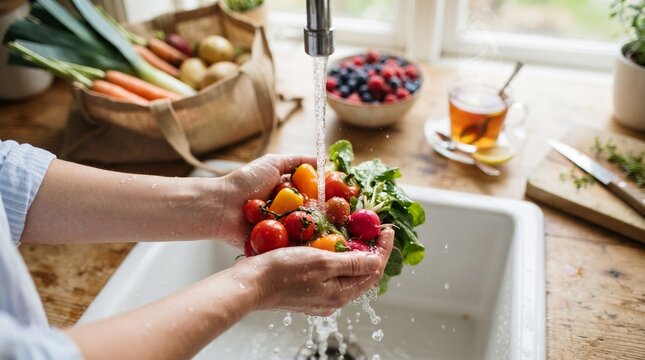 A woman is preparing ingredients for an organic green smoothie, washing tomatoes and radishes in the kitchen sink. A close-up view of her hands washing fresh vegetables for a vegan recipe.