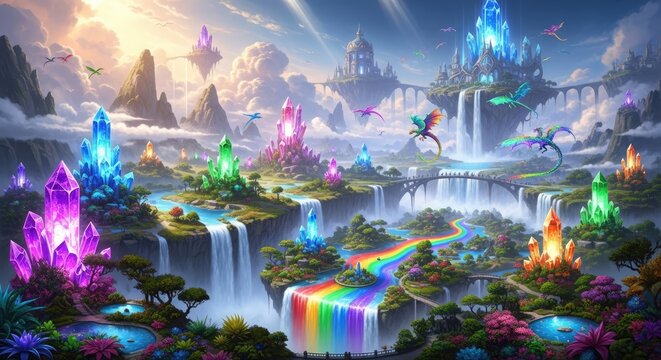 Epic fantasy landscape with rainbow waterfalls and giant crystals.