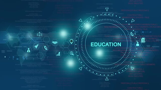 Digital education technology interface with hud data visualization and global network connectivity
