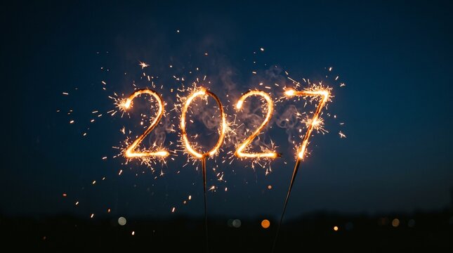 Golden sparklers forming the year two thousand twenty seven celestial display with bright sparklers creating year 2027 against dark night sky