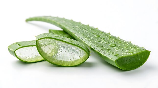 Fresh aloe vera leaf slices with water drops isolated on white background