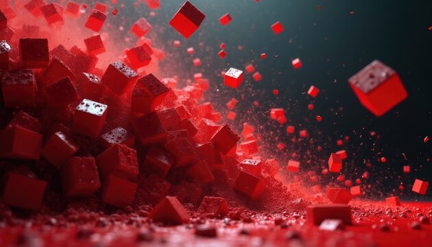 Dynamic composition of red geometric cubes exploding in dark space. Floating square particles create abstract motion scene with intense energy. Digital graphic art shows depth, modern textured