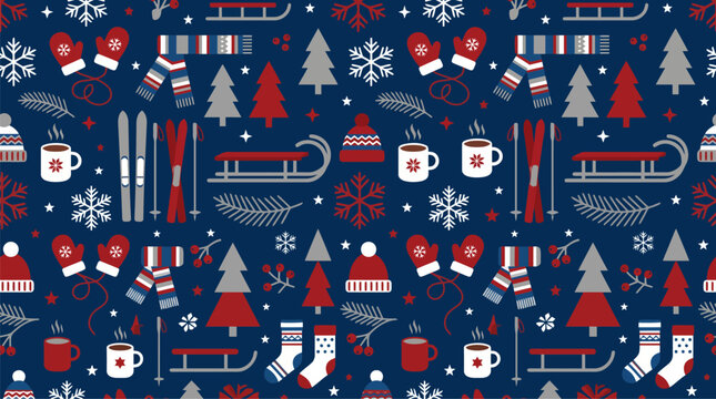 Winter holiday seamless pattern. Christmas background with ski gear and cozy accessories.