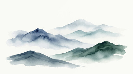 Fototapeta premium Misty Mountain Landscape Watercolor Painting, Serene Peaks in Blue and Green Hues