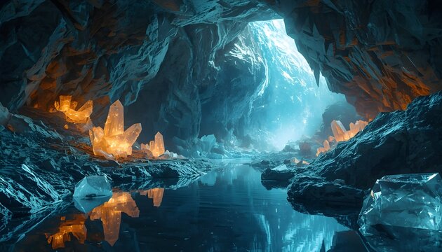 Glowing crystals in a dark cavern. Magical underground cave with sparkling mineral formations.