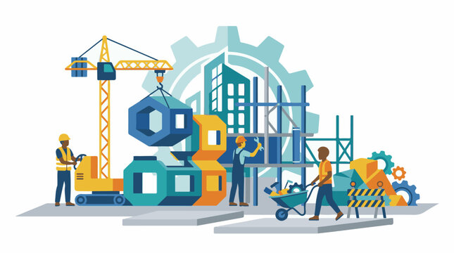 Construction workers and equipment building structures with gear elements